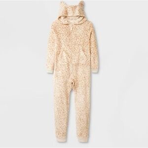Cat & Jack Fuzzy Pajama Large Leopard Print Hooded Eared Onesie sleep